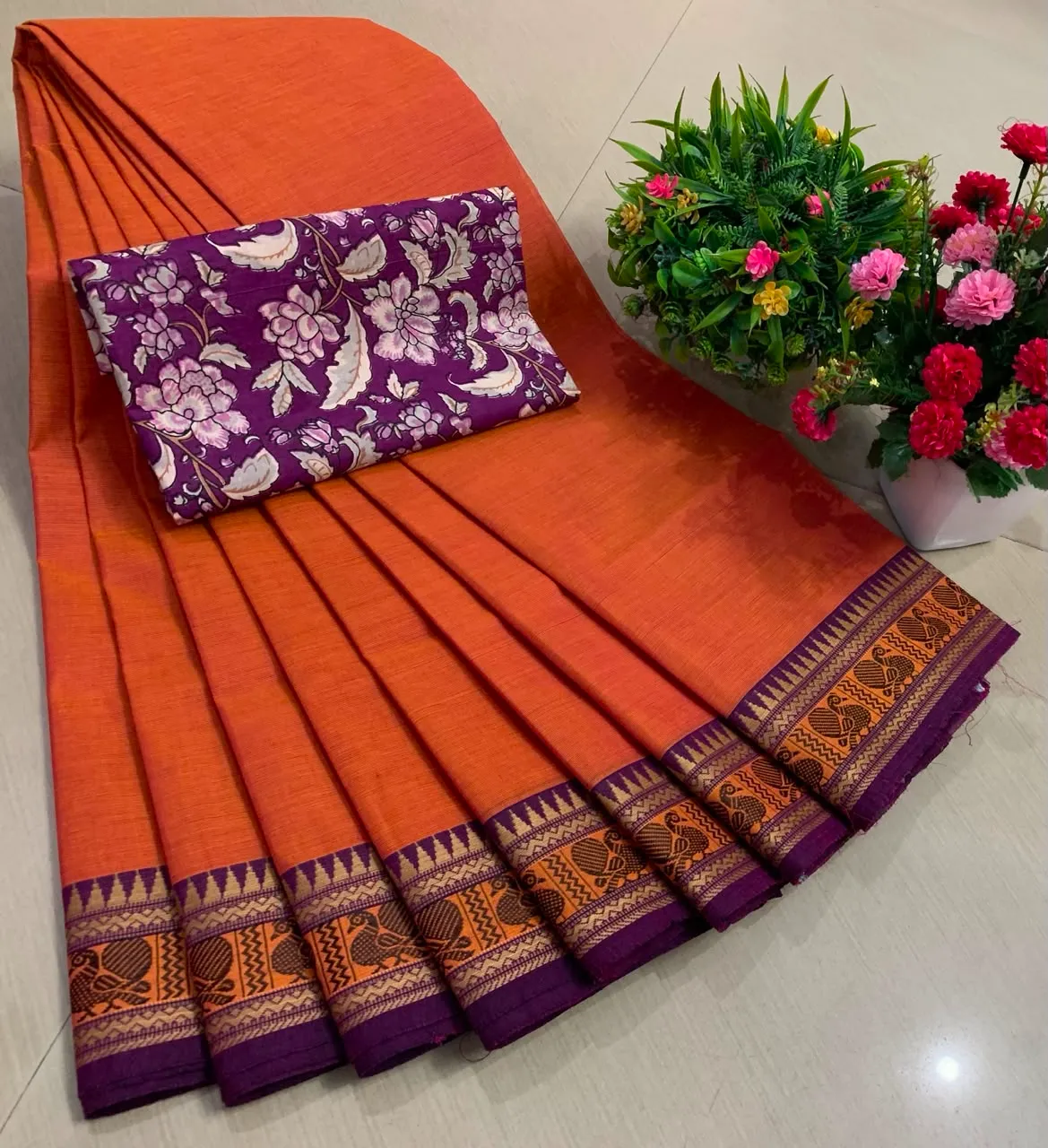 Sunset Orange Chettinadu Pure Cotton Saree with Kalamkari Blouse
